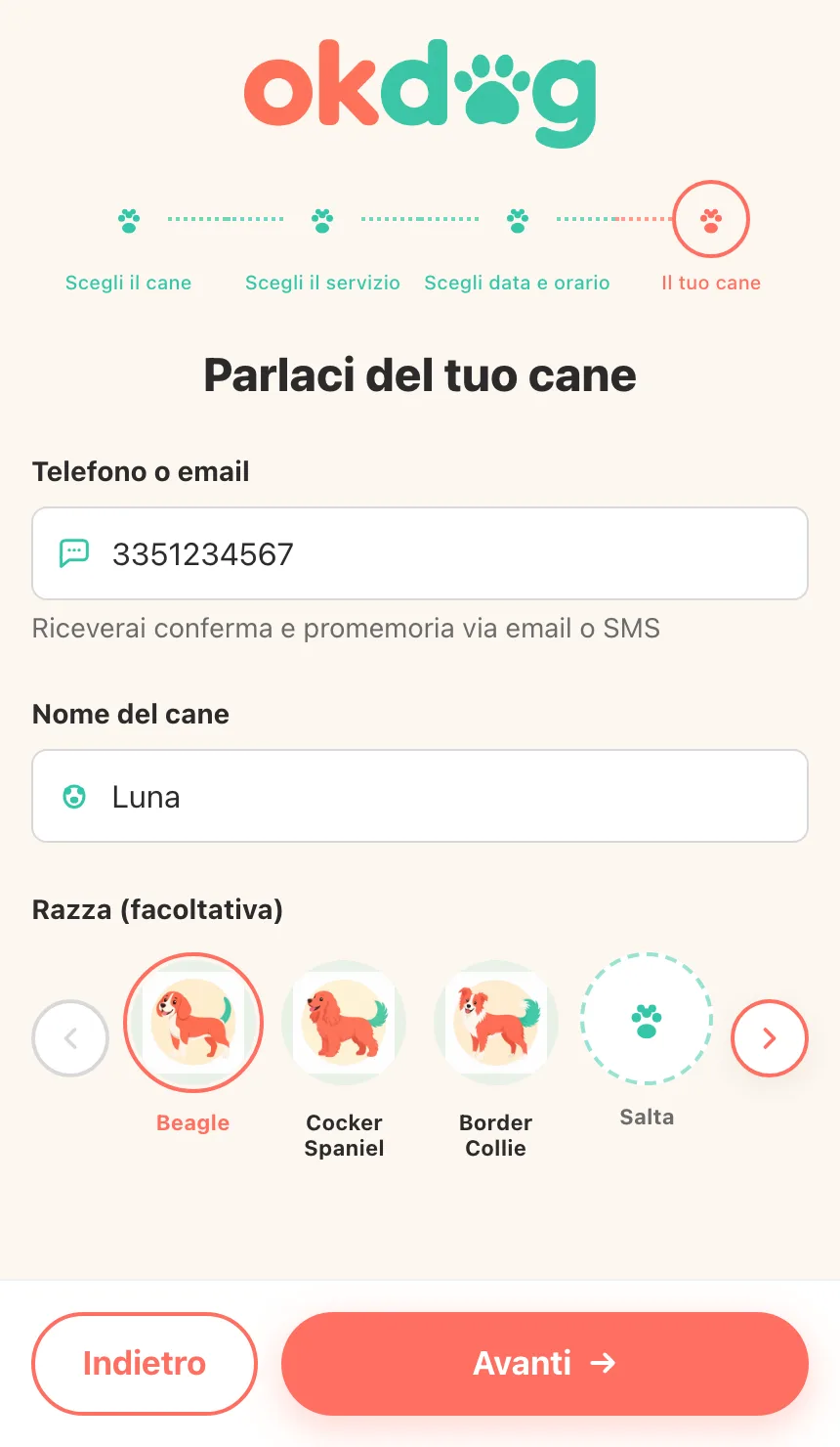 Schermata mobile: recapito, nome del pet e razza