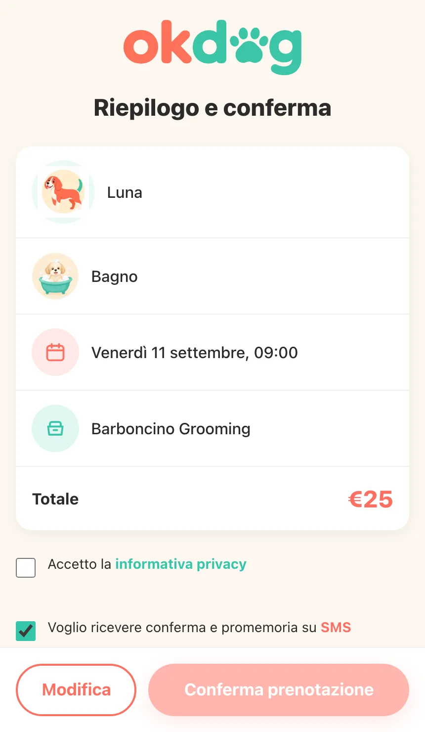 Schermata mobile: riepilogo della prenotazione prima della conferma
